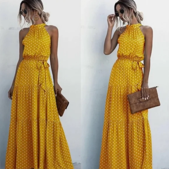 Kara and Kate halter neckline elastic waist maxi dress gold, white polka dots L - Picture 2 of 7